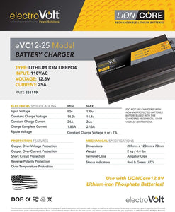 ElectroVolt Li-ion LiFePO4 Battery Charger 12.8V, 25A 110AC ( 551119 ) - Cedar Creek Outdoor Center